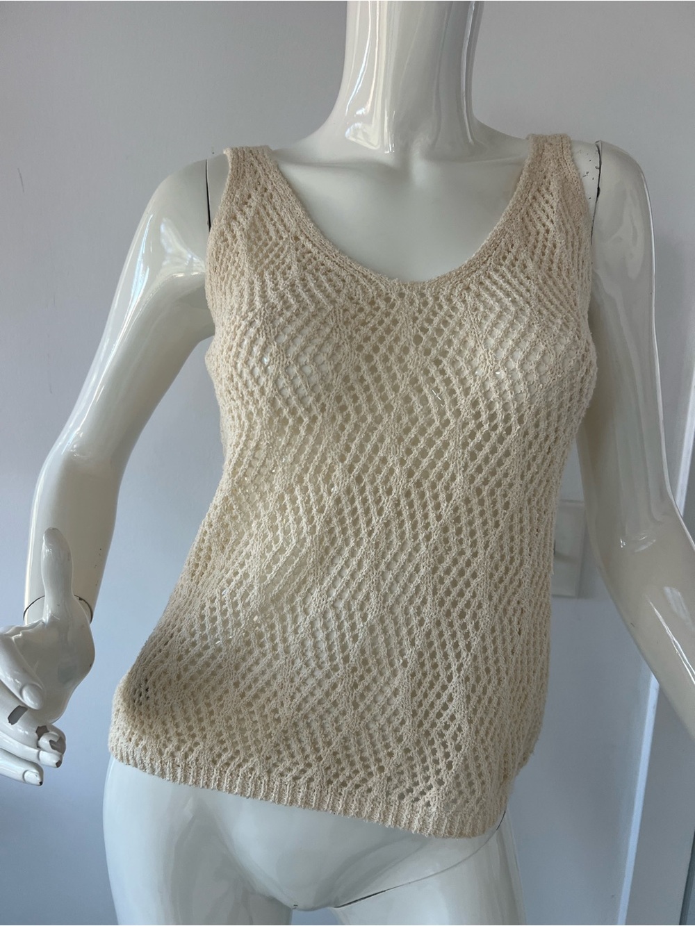 ESQUALO sleeveless  Crochet Open-Knit Scoop Neck Tank Top cotton blend
